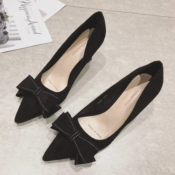 Simple Noire Désinvolte Escarpins 2020 Daim Noeud 7 cm Talons Aiguilles À Bout Pointu Escarpins