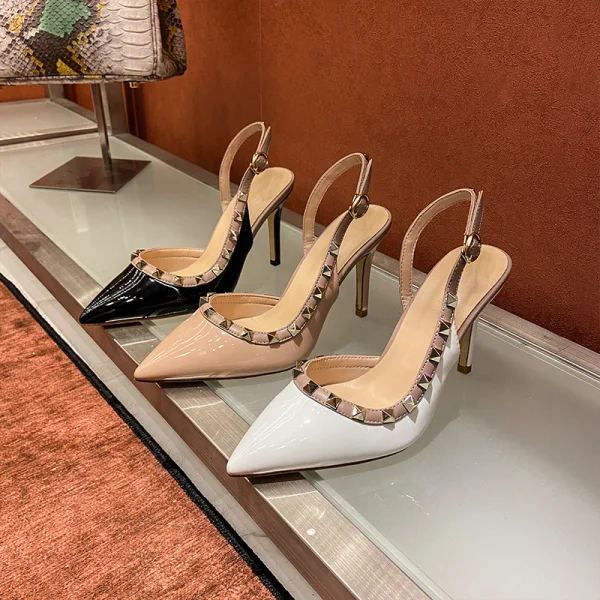 Moda Beżowe Wieczorowe Nit Slingback Sandały Damskie 2021 8 cm Szpilki Szpiczaste Sandały Wysokie Obcasy