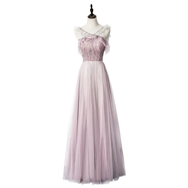 Chic / Beautiful Blushing Pink Evening Dresses  2020 A-Line / Princess V-Neck Beading Sleeveless Backless Floor-Length / Long Formal Dresses