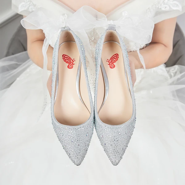 Fashion Silver Wedding Shoes 2020 Bow Rhinestone 3 cm Stiletto Heels Low Heel Pointed Toe Wedding Pumps