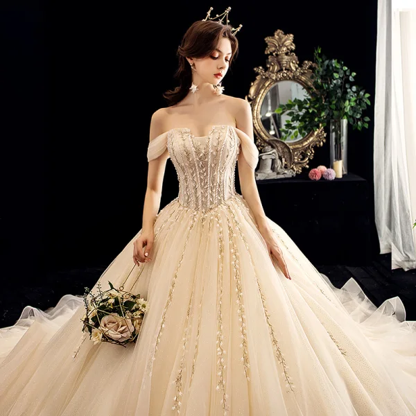 Charming Champagne Wedding Dresses 2020 Ball Gown Off-The-Shoulder Sequins Lace Flower Sleeveless Backless Chapel Train