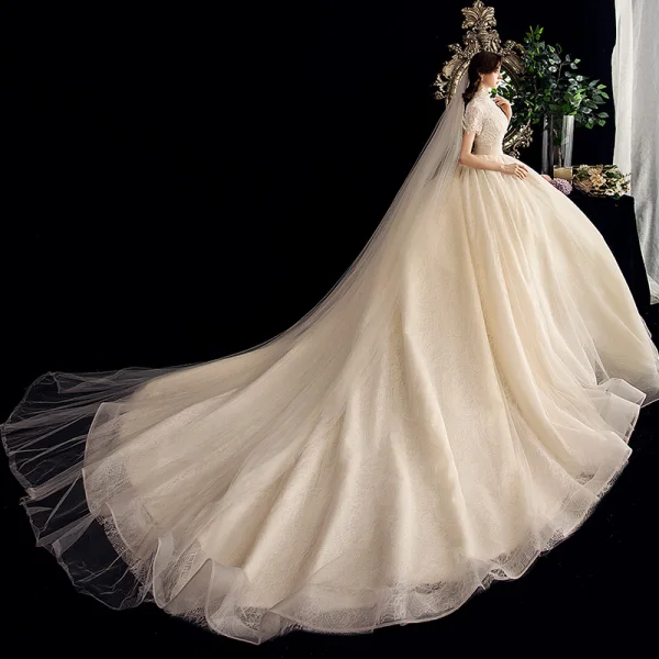 Vintage / Retro Champagne Wedding Dresses 2020 A-Line / Princess High Neck Beading Pearl Lace Short Sleeve Backless Chapel Train