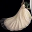 Vintage / Retro Champagne Wedding Dresses 2020 A-Line / Princess High Neck Beading Pearl Lace Short Sleeve Backless Chapel Train