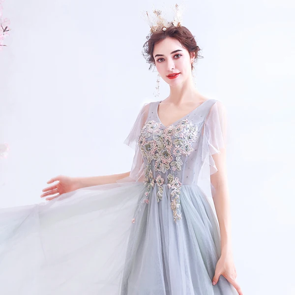 Elegant Grey Evening Dresses  2020 A-Line / Princess V-Neck Pearl Rhinestone Lace Flower Short Sleeve Backless Floor-Length / Long Formal Dresses