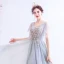 Elegant Grey Evening Dresses  2020 A-Line / Princess V-Neck Pearl Rhinestone Lace Flower Short Sleeve Backless Floor-Length / Long Formal Dresses