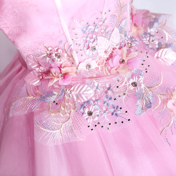Elegant Candy Pink Prom Dresses 2021 Scoop Neck Pearl Rhinestone Lace Flower Short Sleeve Backless Floor-Length / Long Formal Dresses