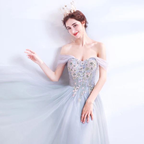 Classy Grey Prom Dresses 2020 A-Line / Princess Off-The-Shoulder Beading Crystal Lace Flower Sleeveless Backless Floor-Length / Long Formal Dresses
