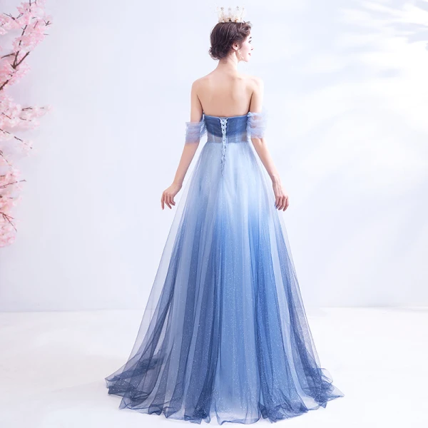 Charming Gradient-Color Sky Blue Evening Dresses 2020 A-Line / Princess Off-The-Shoulder Appliques Beading Crystal Rhinestone Sequins Short Sleeve Backless Floor-Length / Long Formal Dresses
