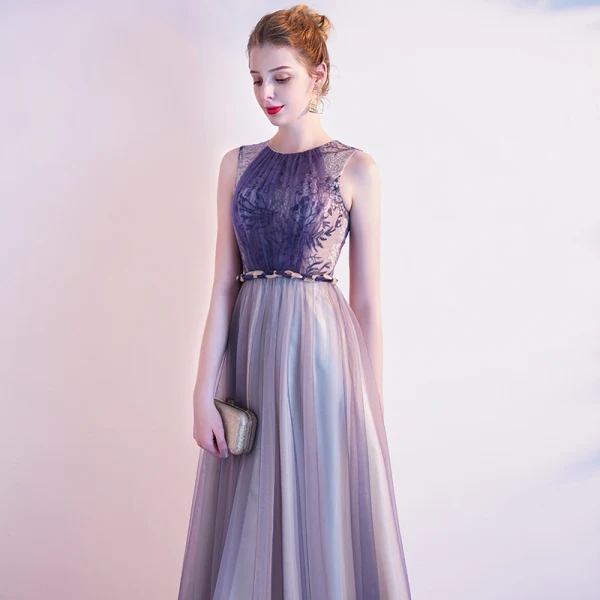 Chic / Beautiful Purple Evening Dresses  2020 A-Line / Princess Lace Scoop Neck Sleeveless Floor-Length / Long Formal Dresses