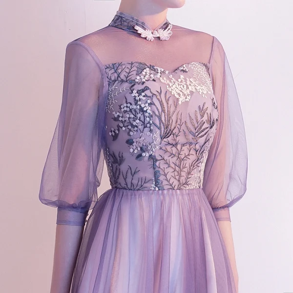 Chic / Belle Lavande Robe De Soirée 2020 Princesse Col Haut En Dentelle Fleur 1/2 Manches Dos Nu Longue Robe De Ceremonie
