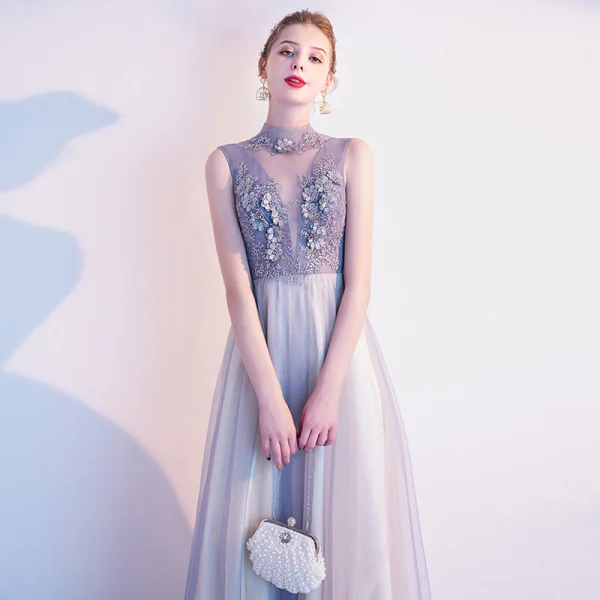 Elegant Grey Evening Dresses 2020 A-Line / Princess High Neck Pearl Rhinestone Lace Flower Sleeveless Floor-Length / Long Formal Dresses