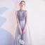 Elegant Grey Evening Dresses  2020 A-Line / Princess High Neck Pearl Rhinestone Lace Flower Sleeveless Floor-Length / Long Formal Dresses