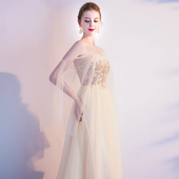 Charmant Champagne Robe De Soirée 2020 Princesse Bretelles Spaghetti Perlage Paillettes Sans Manches Dos Nu Longue Robe De Ceremonie