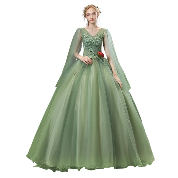 Elegant Lime Green Prom Dresses 2020 Ball Gown V-Neck Beading Rhinestone Lace Flower