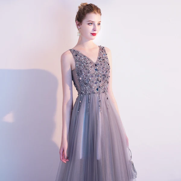 Elegant Grey Evening Dresses 2020 A-Line / Princess V-Neck Beading Sequins Sleeveless Backless Floor-Length / Long Formal Dresses