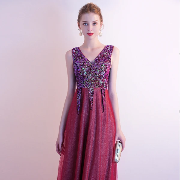 Classy Burgundy Evening Dresses  2020 A-Line / Princess V-Neck Sequins Sleeveless Backless Floor-Length / Long Formal Dresses