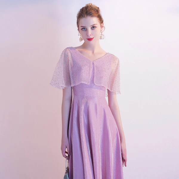 Chic / Belle Rose Bonbon Robe De Soirée 2020 Princesse V-Cou Faux Diamant Manches Courtes Dos Nu Longue Robe De Ceremonie