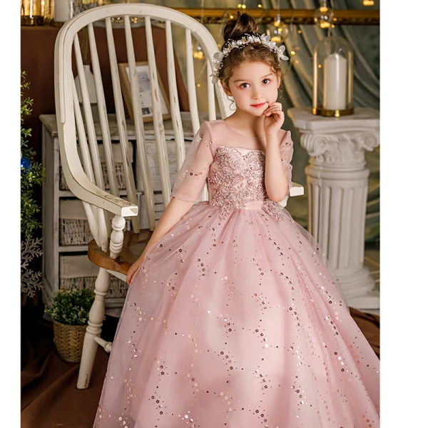 Chic / Beautiful Blushing Pink Bridal Short Flower Girl Dresses 2021 Ball Gown Scoop Neck Beading Crystal Sequins Lace Flower Short Sleeve Wedding Party Dresses