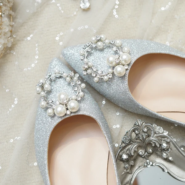 Fashion Silver Flat Wedding Shoes 2020 Pearl Rhinestone Sequins Pointed Toe