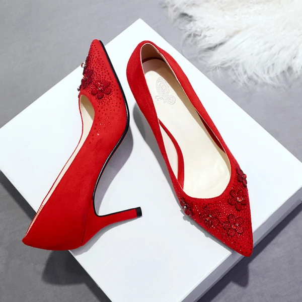 Chic / Belle Rouge Chaussure De Mariée 2020 Daim Faux Diamant 7 cm Talons Aiguilles À Bout Pointu Mariage Escarpins