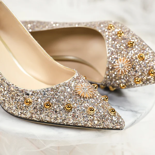 Sparkly Sølv Brudesko 2020 Rhinestone Klinke Paljetter 7 cm Tykk Hæler Spisse Bryllup Pumps