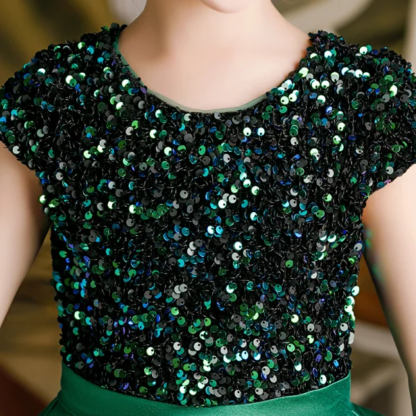 Chic / Beautiful Dark Green Sash Sequins Birthday Flower Girl Dresses Ball Gown 2021 Satin Scoop Neck Short Sleeve Floor-Length / Long
