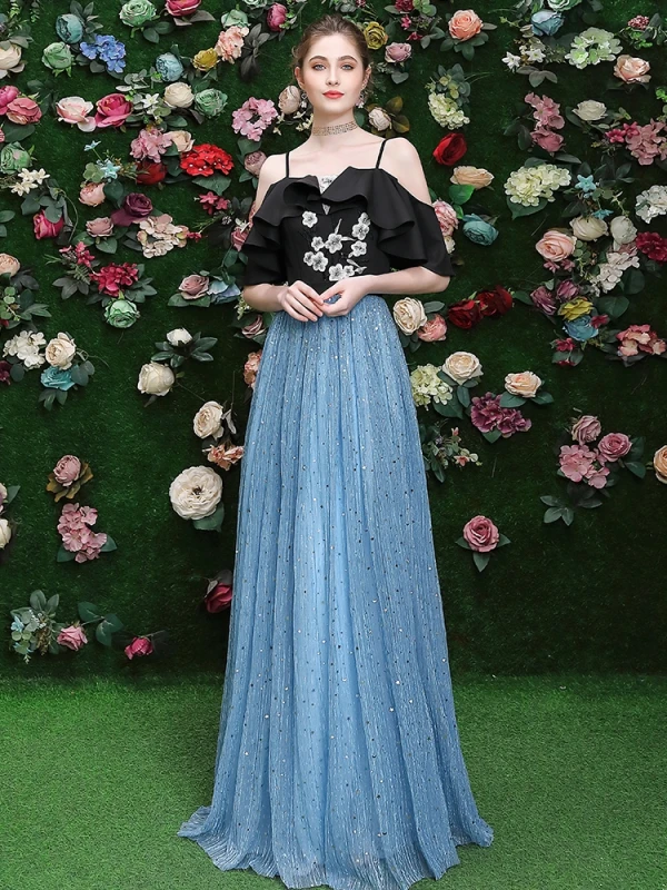 Chic / Belle Noire Robe De Soirée 2020 Princesse Bretelles Spaghetti Paillettes En Dentelle Fleur Manches Courtes Dos Nu Longue Robe De Ceremonie