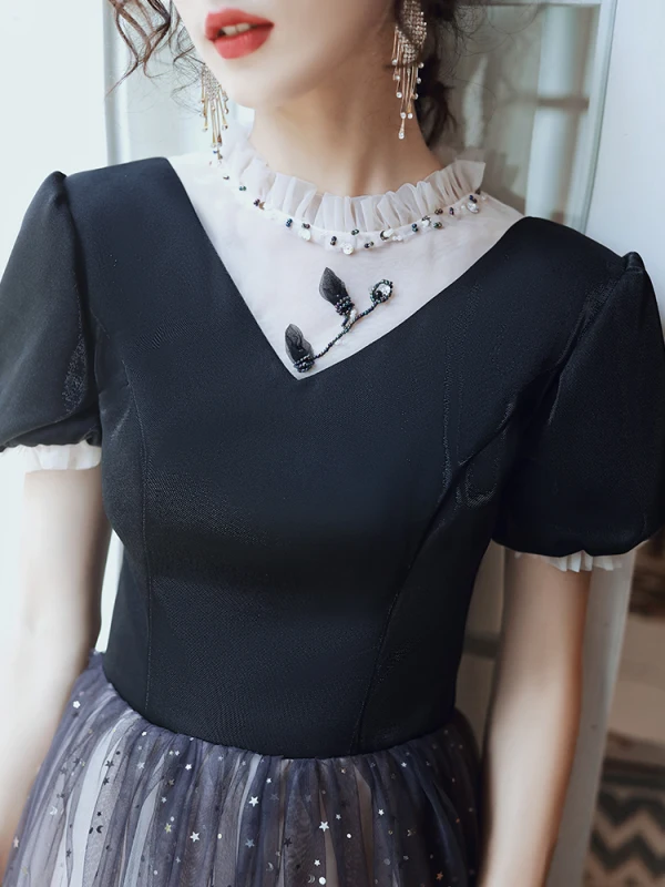 Fashion Black Evening Dresses  2020 A-Line / Princess Scoop Neck Beading Star Sequins Short Sleeve Backless Floor-Length / Long Formal Dresses