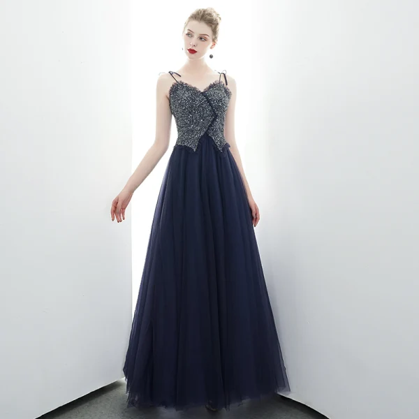 Chic Bleu Marine Robe De Soirée 2020 Princesse Bretelles Spaghetti Perlage Paillettes Sans Manches Dos Nu Longue Robe De Ceremonie