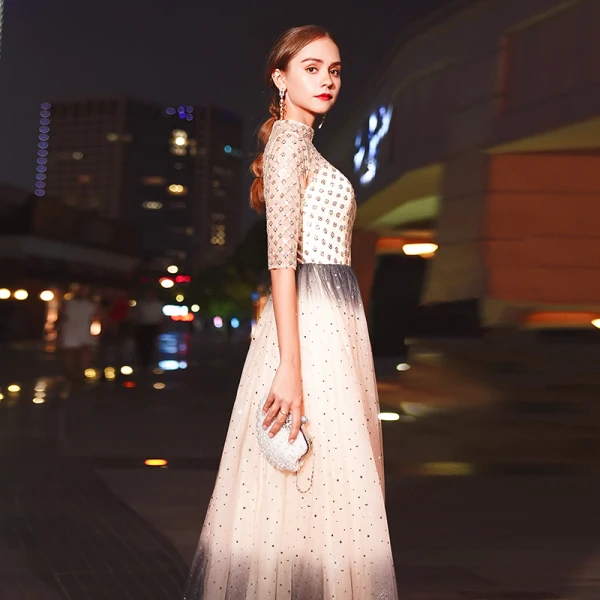 Sparkly Champagne Evening Dresses  2020 A-Line / Princess High Neck Beading Sequins 1/2 Sleeves Floor-Length / Long Formal Dresses