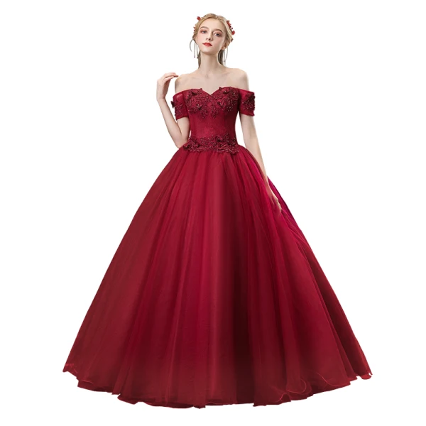 Élégant Bordeaux Robe De Bal 2020 Princesse De l'épaule Perlage Cristal Faux Diamant En Dentelle Fleur Manches Courtes Dos Nu Longue Robe De Ceremonie