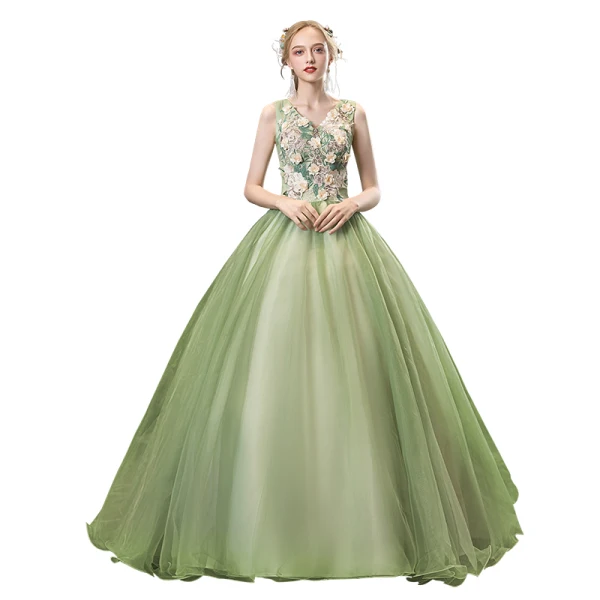 Elegante Lindgrün Ballkleider 2020 A Linie V-Ausschnitt Perle Spitze Blumen Ärmellos Rückenfreies Lange Festliche Kleider