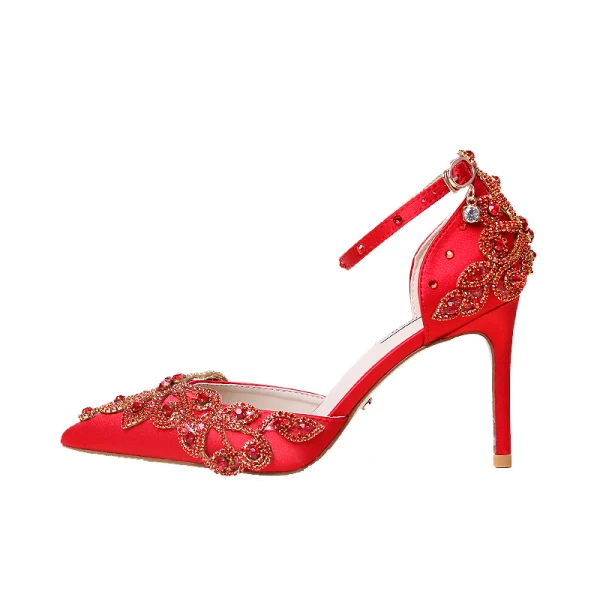 Uroczy Czerwone Buty Ślubne 2020 Satyna Z Paskiem Rhinestone 9 cm Szpilki Szpiczaste Ślub Wysokie Obcasy