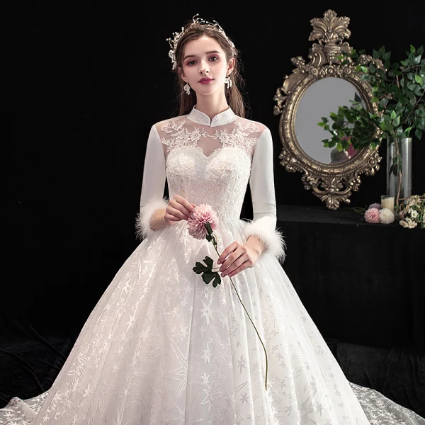 Vintage / Originale Style Chinois Ivoire Robe De Mariée 2020 Princesse Col Haut En Dentelle Fleur Étoile Paillettes 3/4 Manches Dos Nu Cathedral Train