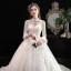 Vintage / Originale Style Chinois Ivoire Robe De Mariée 2020 Princesse Col Haut En Dentelle Fleur Étoile Paillettes 3/4 Manches Dos Nu Cathedral Train