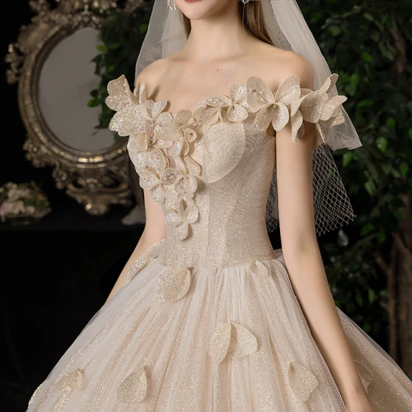 Luxury / Gorgeous Champagne Wedding Dresses 2020 A-Line / Princess Off-The-Shoulder Appliques Pearl Sequins Sleeveless Backless Floor-Length / Long