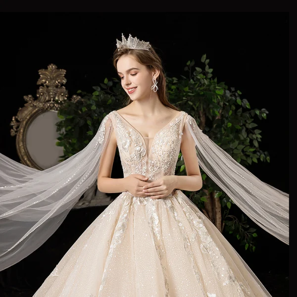 Luxury / Gorgeous Champagne Wedding Dresses 2020 A-Line / Princess V-Neck Beading Sequins Pearl Crystal Lace Flower Short Sleeve Backless Cathedral Train