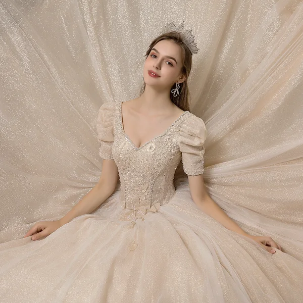 Victorian Style Vintage / Retro Champagne Wedding Dresses 2020 A-Line / Princess V-Neck Beading Pearl Rhinestone Lace Flower Sequins Short Sleeve Backless Floor-Length / Long