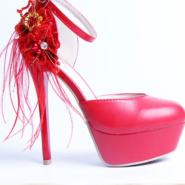 Moda Czerwone Buty Ślubne 2020 Pióro Z Paskiem Perła Rhinestone Cekiny Z Koronki Kwiat 14 cm Szpilki Okrągłe Toe Ślub Wysokie Obcasy
