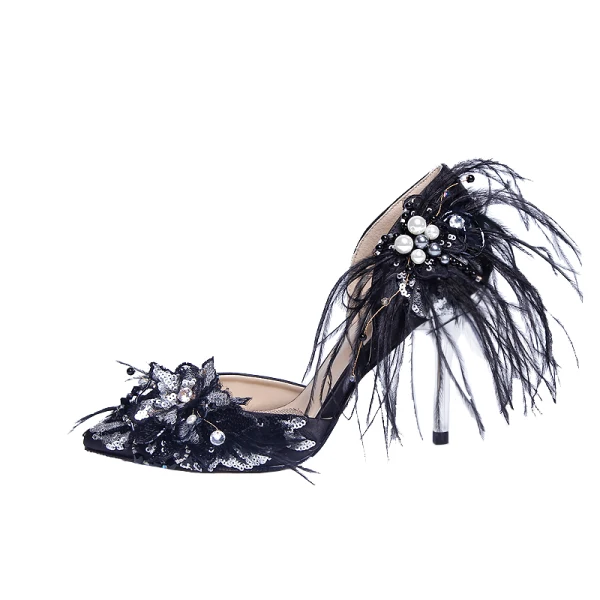Charmant Schwarz Abend Damenschuhe 2020 Feder Perlenstickerei Strass Pailletten Perle 9 cm Stilettos Spitzschuh Hochhackige