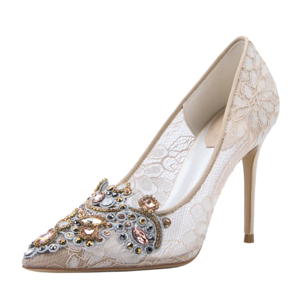 Chic / Beautiful Champagne Wedding Shoes 2020 Tulle Rhinestone 10 cm Stiletto Heels Pointed Toe Wedding Pumps