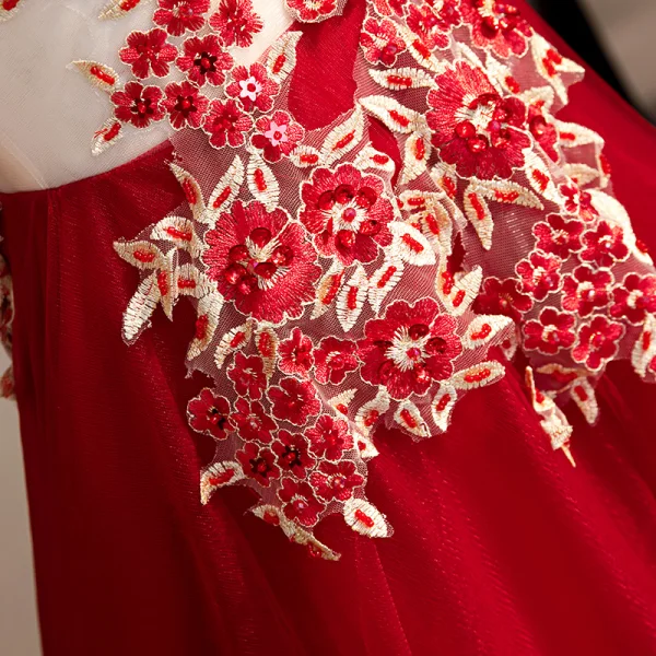 Chic / Belle Bordeaux Robe De Soirée 2020 Princesse Encolure Dégagée Perlage Perle En Dentelle Fleur 1/2 Manches Longue Robe De Ceremonie