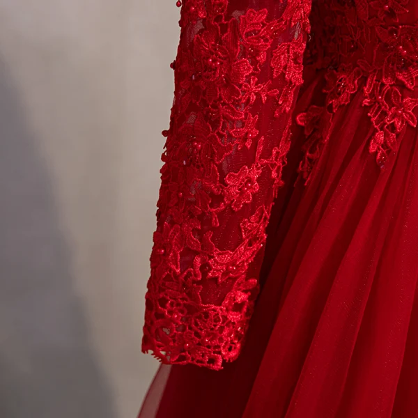 Affordable Chinese style Burgundy Evening Dresses 2020 A-Line / Princess High Neck Beading Lace Flower Long Sleeve Backless Floor-Length / Long Formal Dresses