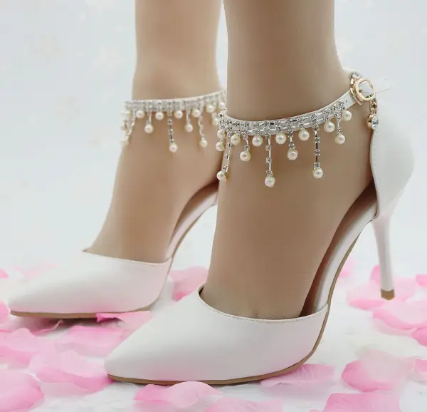 Charming Ivory Evening Party Womens Shoes 2020 Pearl Rhinestone Ankle Strap 9 cm Stiletto Heels Pointed Toe High Heels