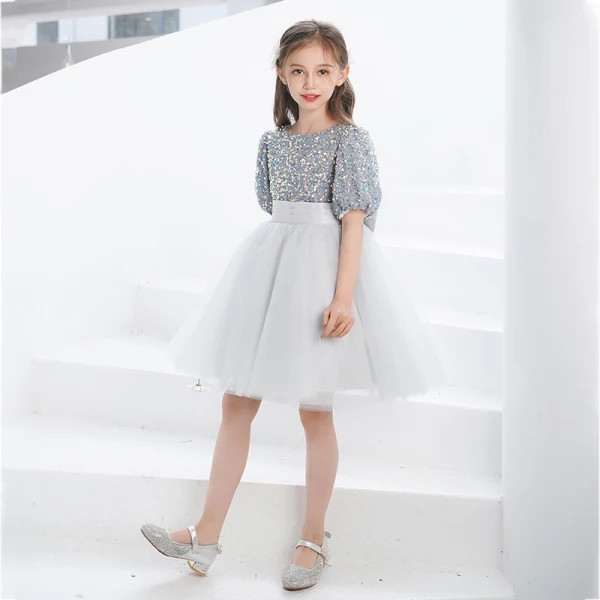 Fashion Grey Sequins Short Birthday Bow Flower Girl Dresses 2021 A-Line / Princess Scoop Neck Short Sleeve