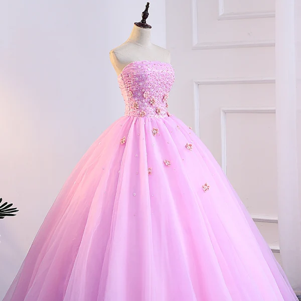 Chic / Beautiful Candy Pink Prom Dresses 2018 Ball Gown Appliques Pearl Strapless Backless Sleeveless Floor-Length / Long Formal Dresses