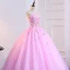 Chic / Beautiful Candy Pink Prom Dresses 2018 Ball Gown Appliques Pearl Strapless Backless Sleeveless Floor-Length / Long Formal Dresses