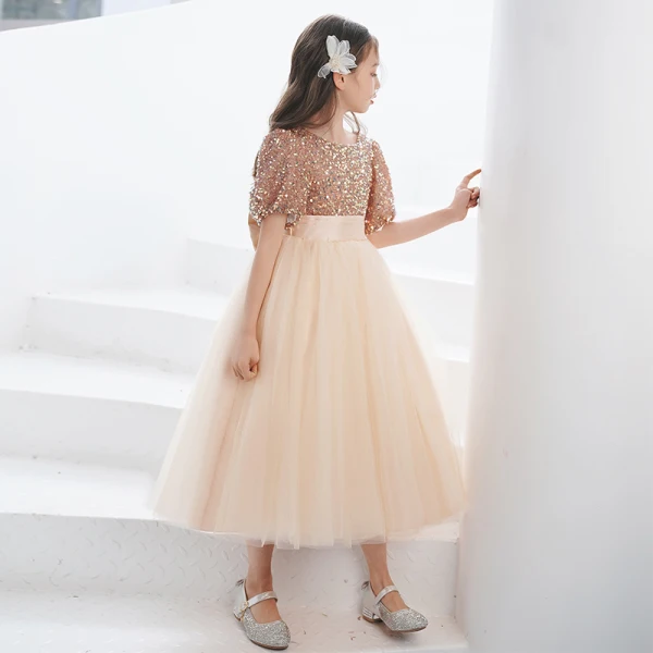 Fashion Gold Sequins Short Birthday Flower Girl Dresses 2021 A-Line / Princess Scoop Neck Bow Sash Short Sleeve