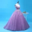 Chic / Beautiful Lavender Quinceañera Prom Dresses 2018 Ball Gown Lace Appliques Crystal Sash Sequins V-Neck Backless Sleeveless Floor-Length / Long