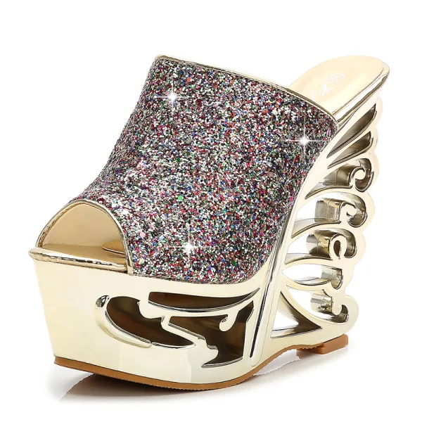 Amazing / Unique Silver Evening Party Womens Sandals 2020 Metal Sequins 15 cm Wedges Open / Peep Toe Sandals